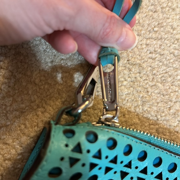 Aqua laser-cut leather Rebecca Minkoff M.A.C. crossbody bag w/ silver hardware - Picture 5 of 12